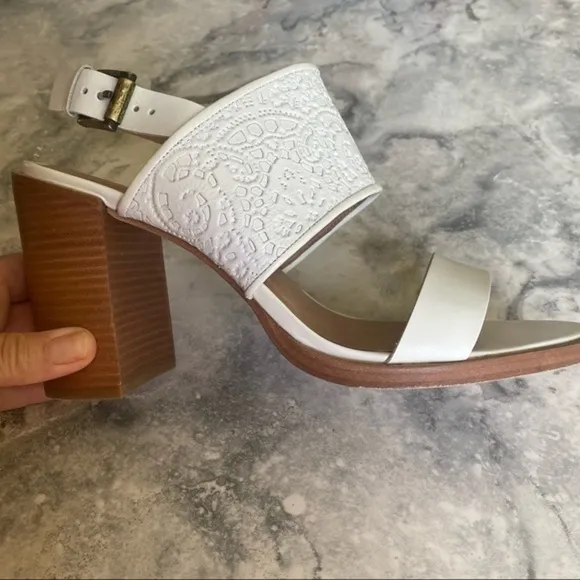 Nordstrom Klub Nico White Leather Wood Stacked Chunky Block High Heel Sandal