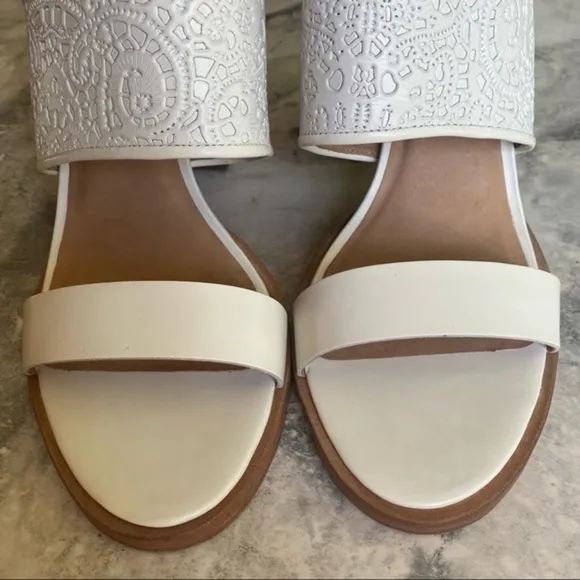 Nordstrom Klub Nico White Leather Wood Stacked Chunky Block High Heel Sandal