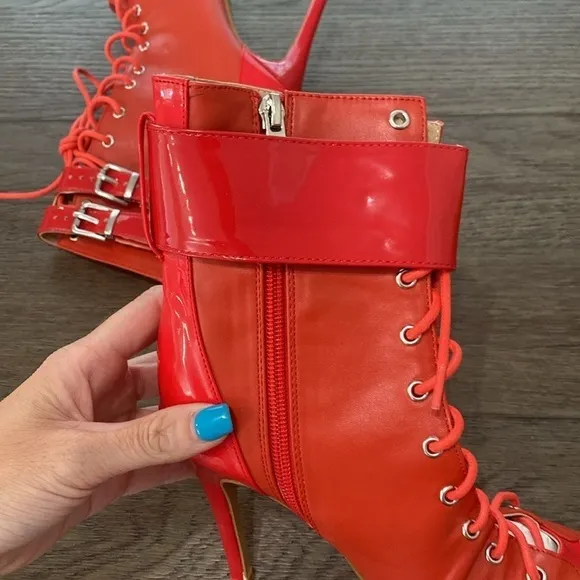 NWT BURJU Under The Influence Open Toe Lace Up Buckle Ankle Boots | Red 8 1/2 /9