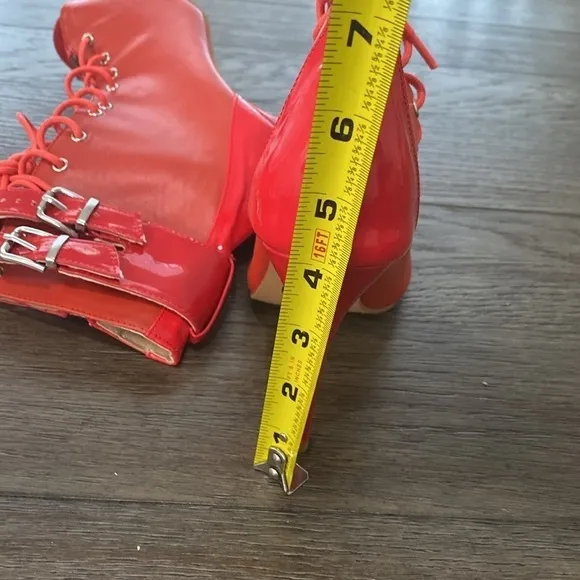NWT BURJU Under The Influence Open Toe Lace Up Buckle Ankle Boots | Red 8 1/2 /9
