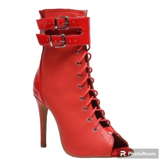 NWT BURJU Under The Influence Open Toe Lace Up Buckle Ankle Boots | Red 8 1/2 /9