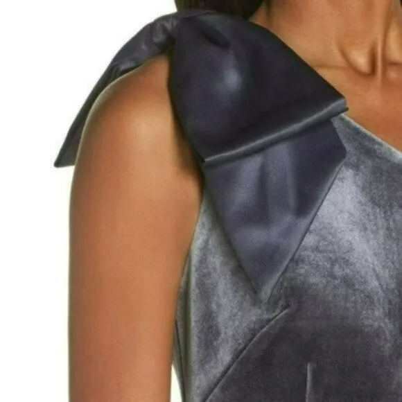 NWT ELIZA  J Women's Velvet One Shoulder Bow Accent Asymmetrical Gown Maxi Dress