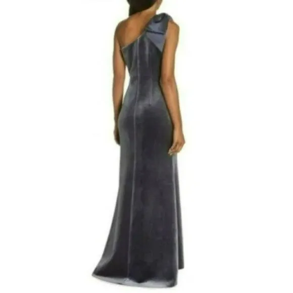NWT ELIZA  J Women's Velvet One Shoulder Bow Accent Asymmetrical Gown Maxi Dress
