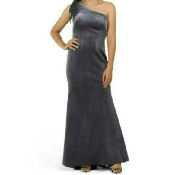 NWT ELIZA  J Women's Velvet One Shoulder Bow Accent Asymmetrical Gown Maxi Dress