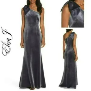 NWT ELIZA  J Women's Velvet One Shoulder Bow Accent Asymmetrical Gown Maxi Dress