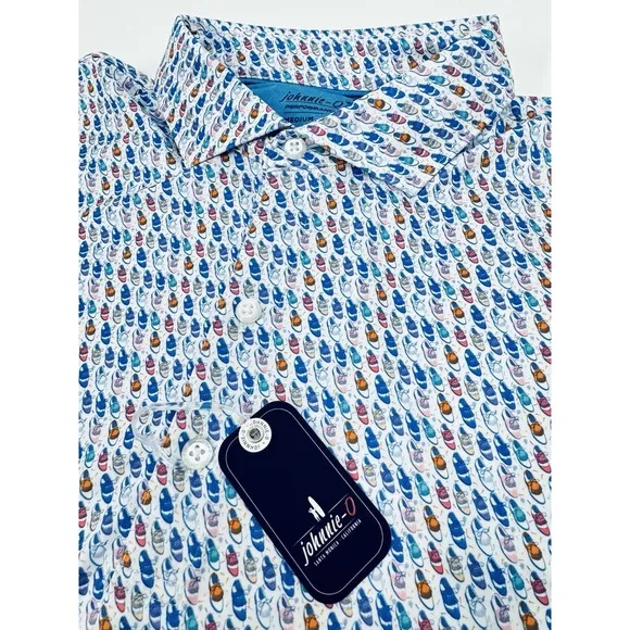 NWT johnnie-O Foxtrot Printed Jersey Performance Polo Shoes Printed White MEDIUM