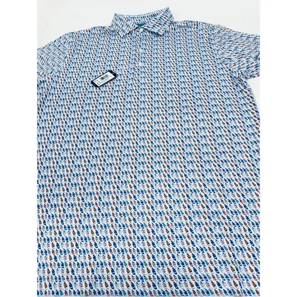 NWT johnnie-O Foxtrot Printed Jersey Performance Polo Shoes Printed White MEDIUM