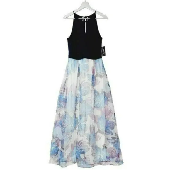 NWT Stunning SL FASHIONS Floral Print Keyhole Top Dress with Organza Skirt