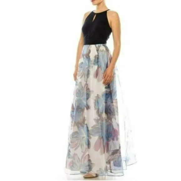 NWT Stunning SL FASHIONS Floral Print Keyhole Top Dress with Organza Skirt