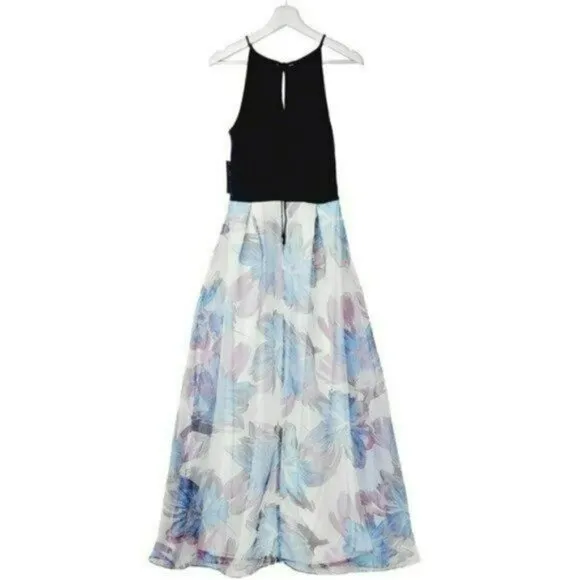 NWT Stunning SL FASHIONS Floral Print Keyhole Top Dress with Organza Skirt