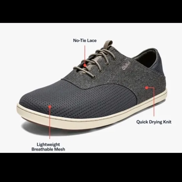 OluKai Men’s Nohea Moku No Tie Boat Shoes In Charcoal / Clay 13