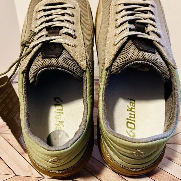 Olukai Punini Men’s 7 M Sneakers Clay Lemon Grass Mesh Suede Drop in Heel Tan