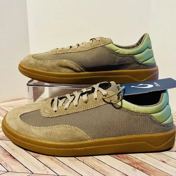 Olukai Punini Men’s 9.5 M Sneakers Clay Lemon Grass Mesh Suede Drop in Heel Tan