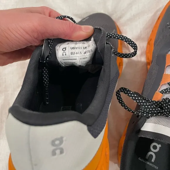 ON Men’s Cloudmonster Road Running Shoe 10.5 Eclipse Gray and Turmeric Orange