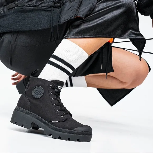 Palladium Pallabase Twill Chunky Lugsole Canvas Lace Up Combat Biker Ankle Boots