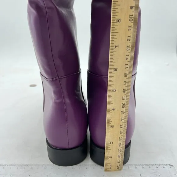 Purple Women Knee High Boots Round Toe Long Booties Block Low Heels Pull On Shoe