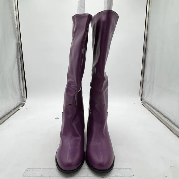 Purple Women Knee High Boots Round Toe Long Booties Block Low Heels Pull On Shoe
