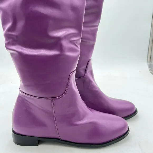 Purple Women Knee High Boots Round Toe Long Booties Block Low Heels Pull On Shoe