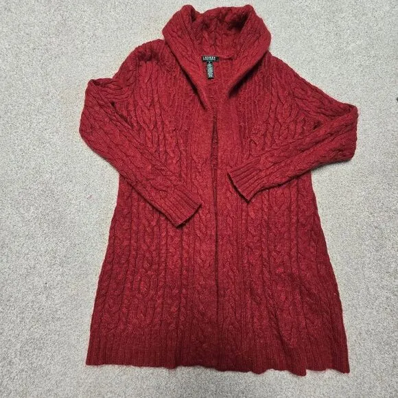 Ralph Lauren Red Cable Knit Shawl Collar Long Cardigan Wool Mohair Angora‎ Med