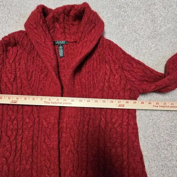 Ralph Lauren Red Cable Knit Shawl Collar Long Cardigan Wool Mohair Angora‎ Med