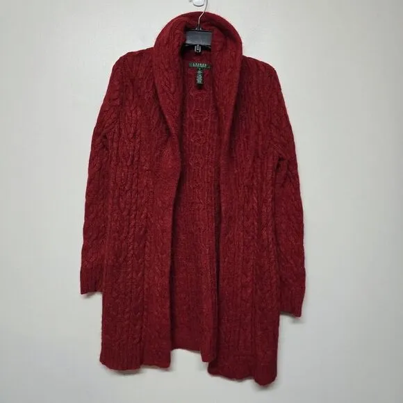 Ralph Lauren Red Cable Knit Shawl Collar Long Cardigan Wool Mohair Angora‎ Med