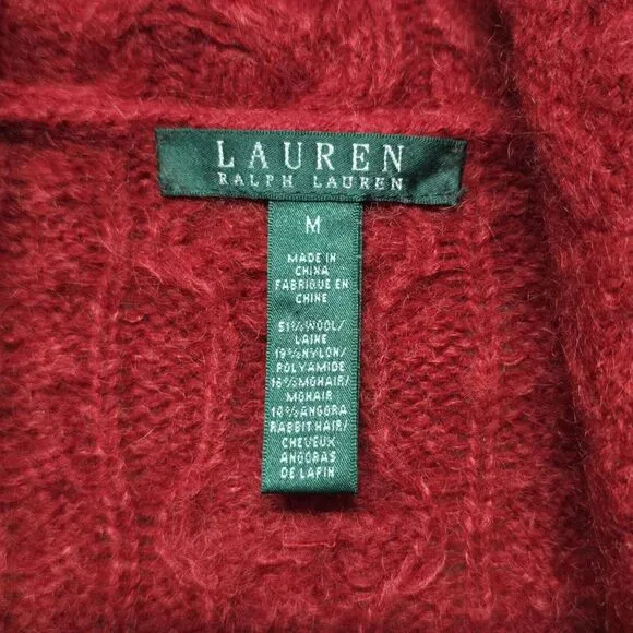 Ralph Lauren Red Cable Knit Shawl Collar Long Cardigan Wool Mohair Angora‎ Med