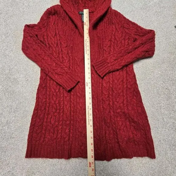 Ralph Lauren Red Cable Knit Shawl Collar Long Cardigan Wool Mohair Angora‎ Med