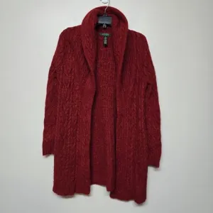 Ralph Lauren Red Cable Knit Shawl Collar Long Cardigan Wool Mohair Angora‎ Med