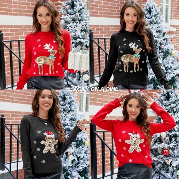 Sequined Reindeer Knit Embroidered Round Neck Classy Long Sleeve Holiday Sweater