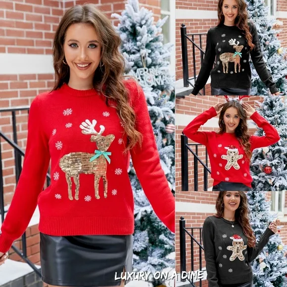 Sequined Reindeer Knit Embroidered Round Neck Classy Long Sleeve Holiday Sweater