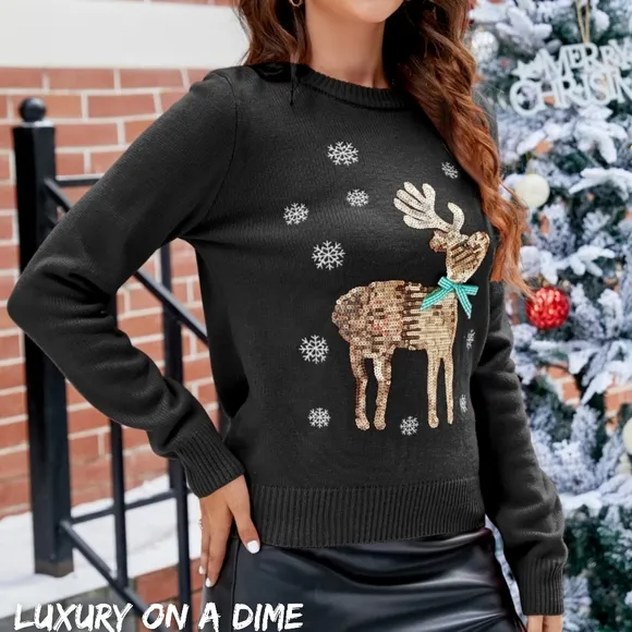 Sequined Reindeer Knit Embroidered Round Neck Classy Long Sleeve Holiday Sweater