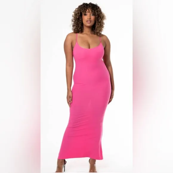TikTok Viral Heyshape Snatched Shapewear Slip Maxi Ribbed Dress in Pink