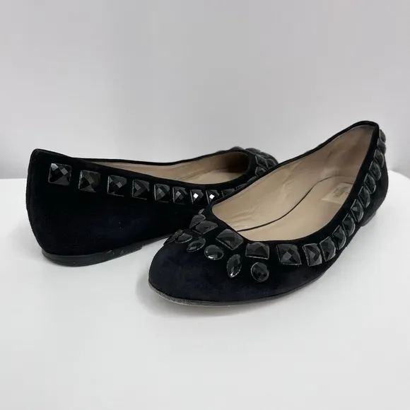 Valentino Garavani Suede Jeweled Flat Shoes Black Size 38 1/2‎ 9