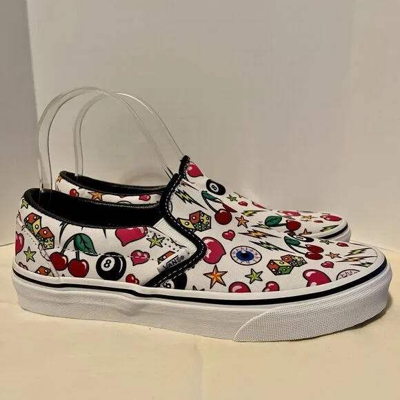 VANS Classic Slip-on Shoes M 7 W 8.5 Dice Cherries Bolts Hearts 8-Balls Eyeballs