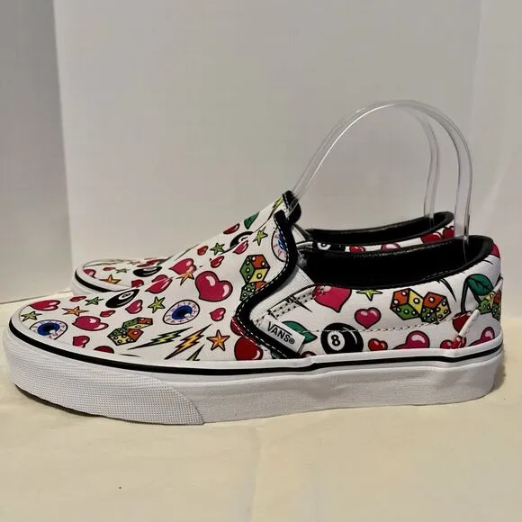 VANS Classic Slip-on Shoes M 7 W 8.5 Dice Cherries Bolts Hearts 8-Balls Eyeballs