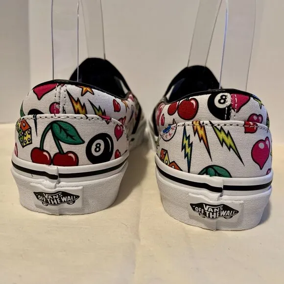 VANS Classic Slip-on Shoes M 7 W 8.5 Dice Cherries Bolts Hearts 8-Balls Eyeballs