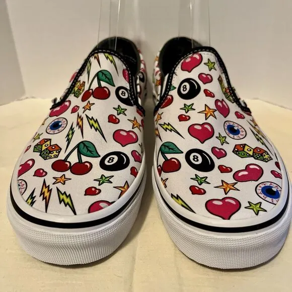 VANS Classic Slip-on Shoes M 7 W 8.5 Dice Cherries Bolts Hearts 8-Balls Eyeballs
