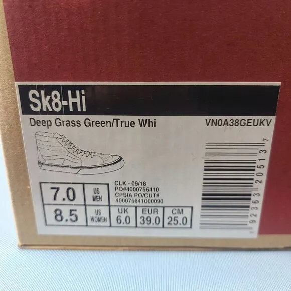 Vans Sk8-Hi Mens Size 7 Canvas Suede Skate Shoes Sneakers Deep Green VN0A38GEUKV